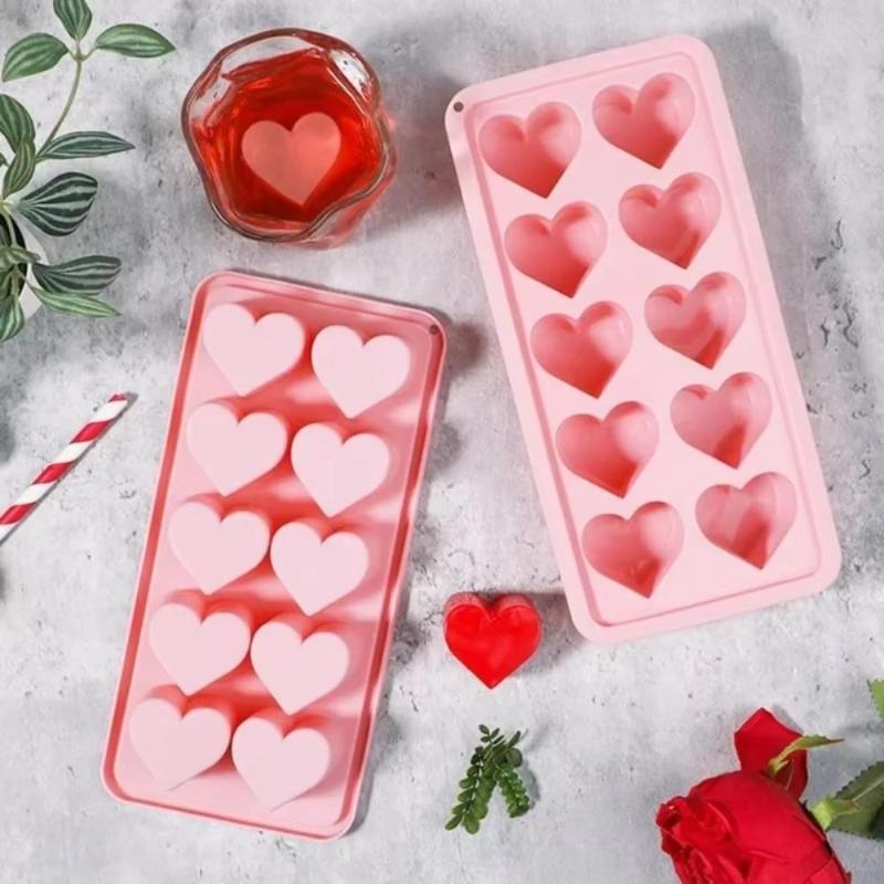Ice Tray, Silicone Easy Release Mold, Reusable Love Heart Pink Blue Red 10 Compartment Cupcake Mold For Baking Freezing