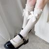 Breathable Middle Calf Socks For Girls Ruffle Trim Bowknot Accents Soft Casual Party Wear Lace Knee Length Stockings
