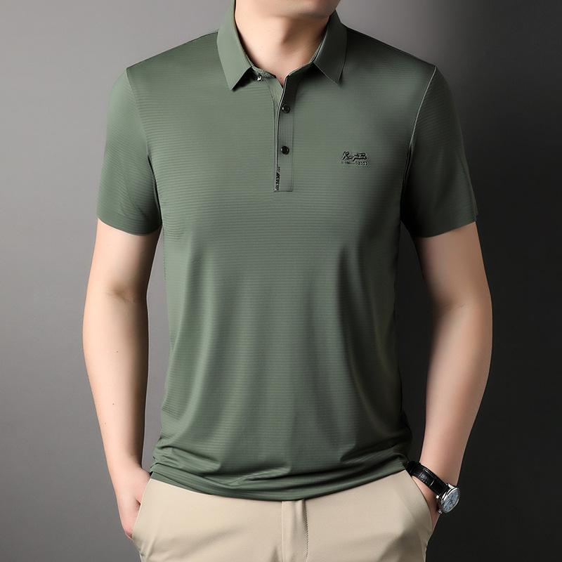 Summer Seamless Ice Silk Lapel Short-sleeved T-shirt Men's Business Casual Printed Stretch Polo Shirt Men's Clothing