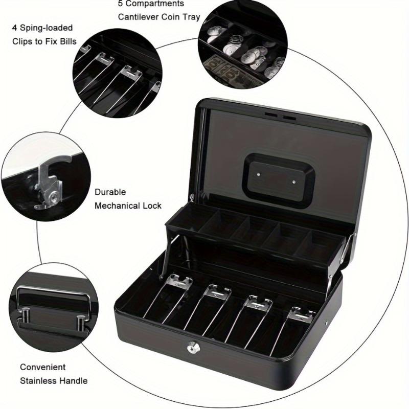 1pcs Iron Money Box with Lock Cash Box with Spring-Loaded Bill Clips 5 Grids Cantilever Coin Tray Safe Key Lock Money Organizer