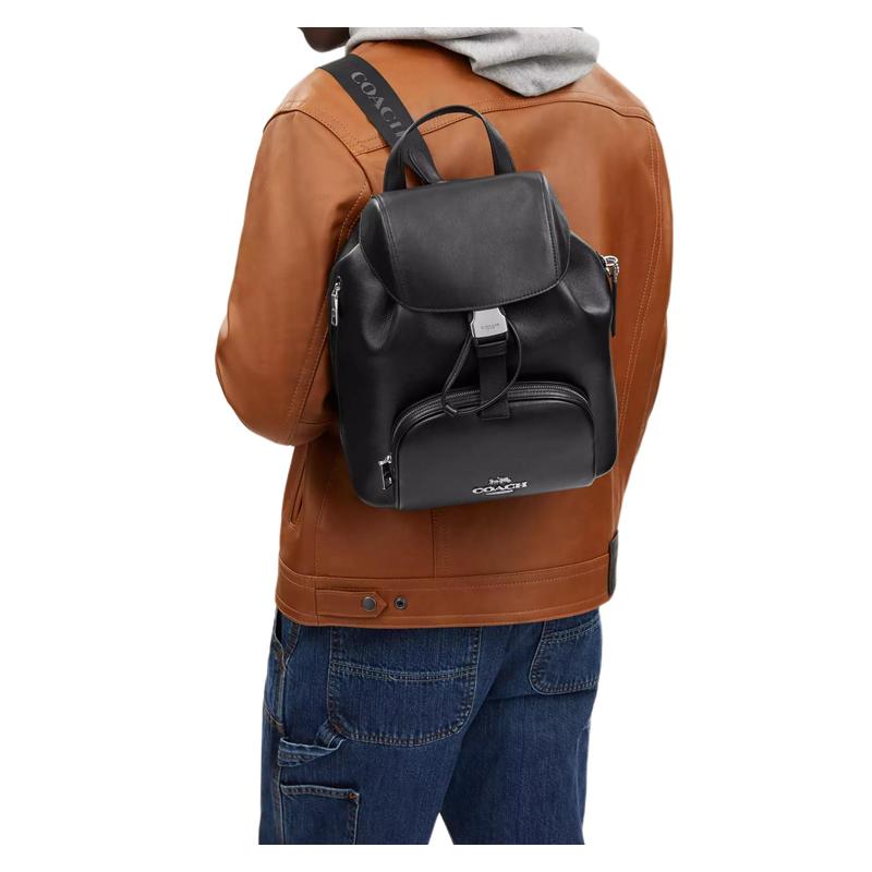 COACH PACE 27 Drawstring Quick Clip Refined Calf Leather Backpack Large Size Unisex Couple Style Silver and Black