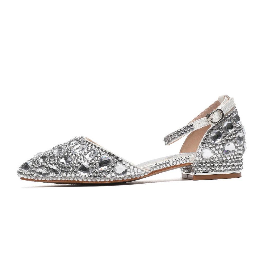 Fashion 2.5cm New Flat Heel Casual Pointed Hollow Sandals with Low Heel Shallow Mouth Water Diamond Bridal Shoes for Women Luxury 35-43
