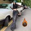 American Retro Velvet-Lined Wide-Leg High-Waist Women's Jeans for Autumn & Winter