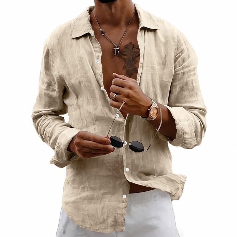 Mens Casual Linen Cotton Long Sleeve Button Down Shirt