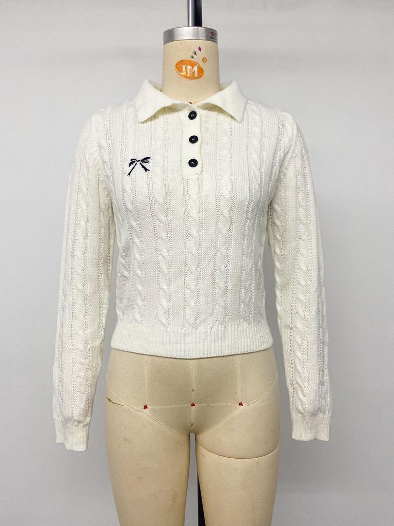 2026 Autumn/Winter Women's Casual Polo Collar Sweater with Bow Embroidery