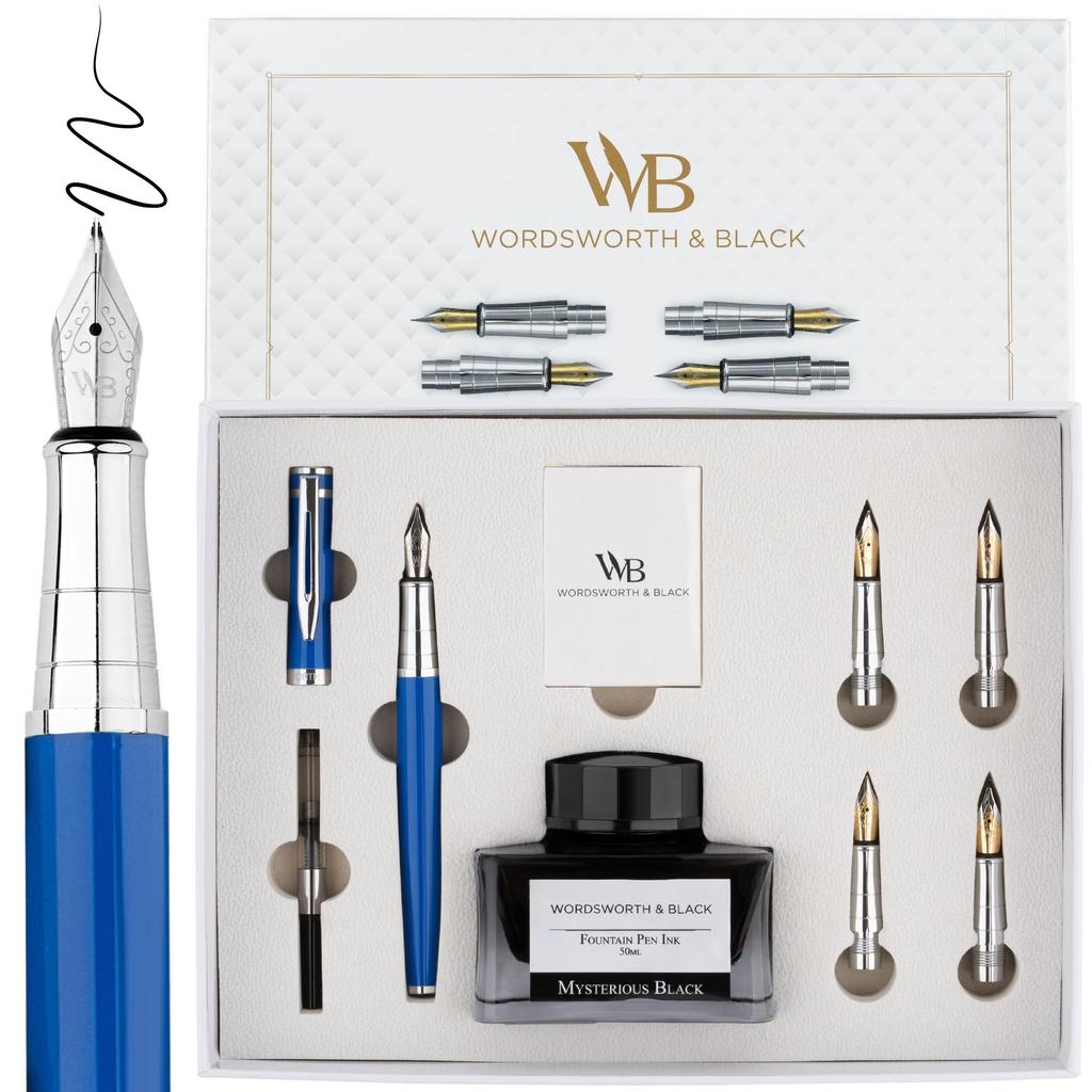 Wordsworth Black Fountain Pen Gift Set with Ink 6 Ink Ink Refill and 4 Replacement Premium for and Smooth Writing & Bottle, Cartridges, Converter,