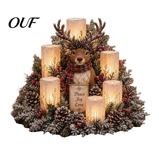 Holiday Gift for Her Christmas LED Candle Centerpiece with Artificial Cedar Pine Cones And Red Berries, Mantel Decorations Flameless Winter