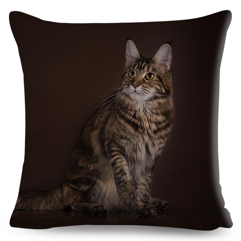Maine Coon Cat Portrait Cushion Cover Realistic Animal Print Double Sided Soft Linen Home Decor Pillow Case