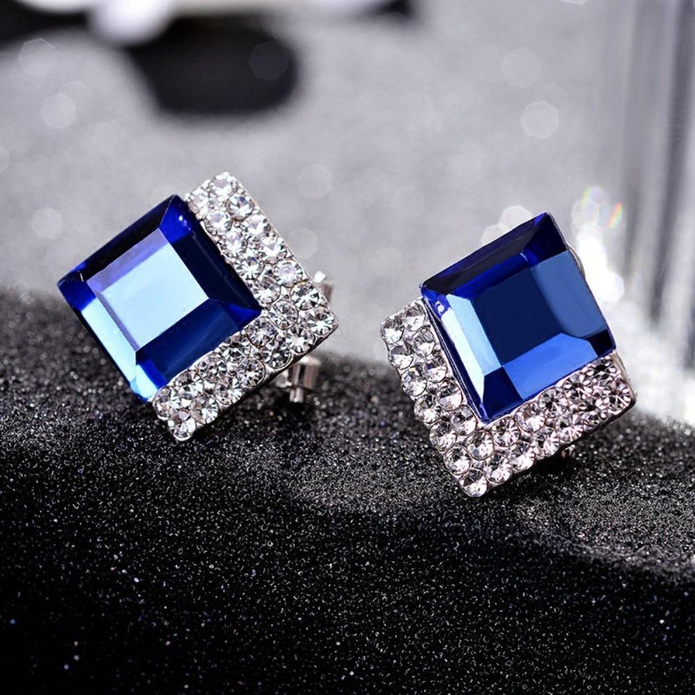 Elegant Blue Square Earrings Simple and Stylish Rhinestone Stud Earrings for Women
