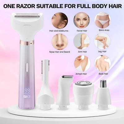 Rasoir Électrique 5 en 1 pour Femmes Tondeuse Bikini Dames Épilation Indolore Aisselles Jambes Visage Poils Mouillé & Sec