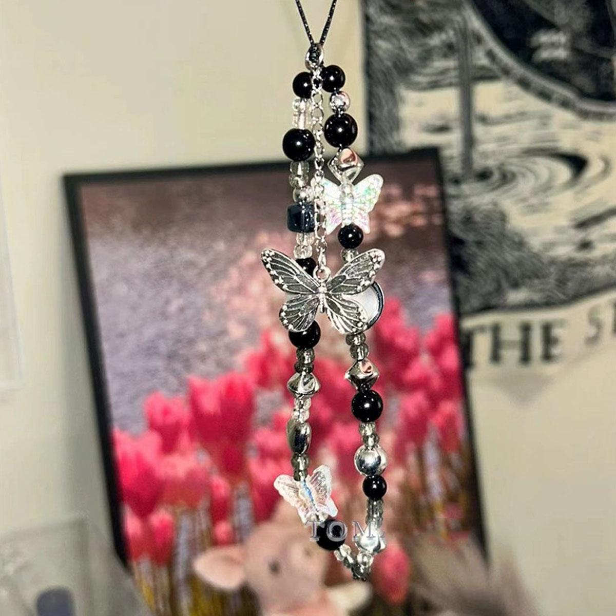 

Japanese And Korean Spicy Girl Butterfly Black And White Mobile Phone Chain CCD Camera Unique Bead Hanging Rope Chain Other
