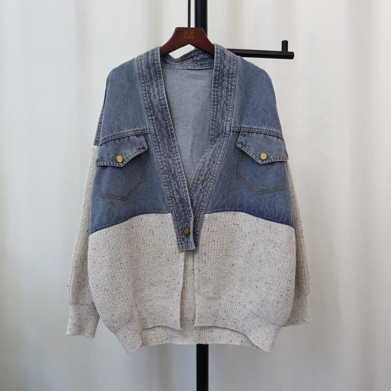 Denim Splicing Design Sense Knitted Cardigan Autumn and Winter New Loose Sweater Jacket Women