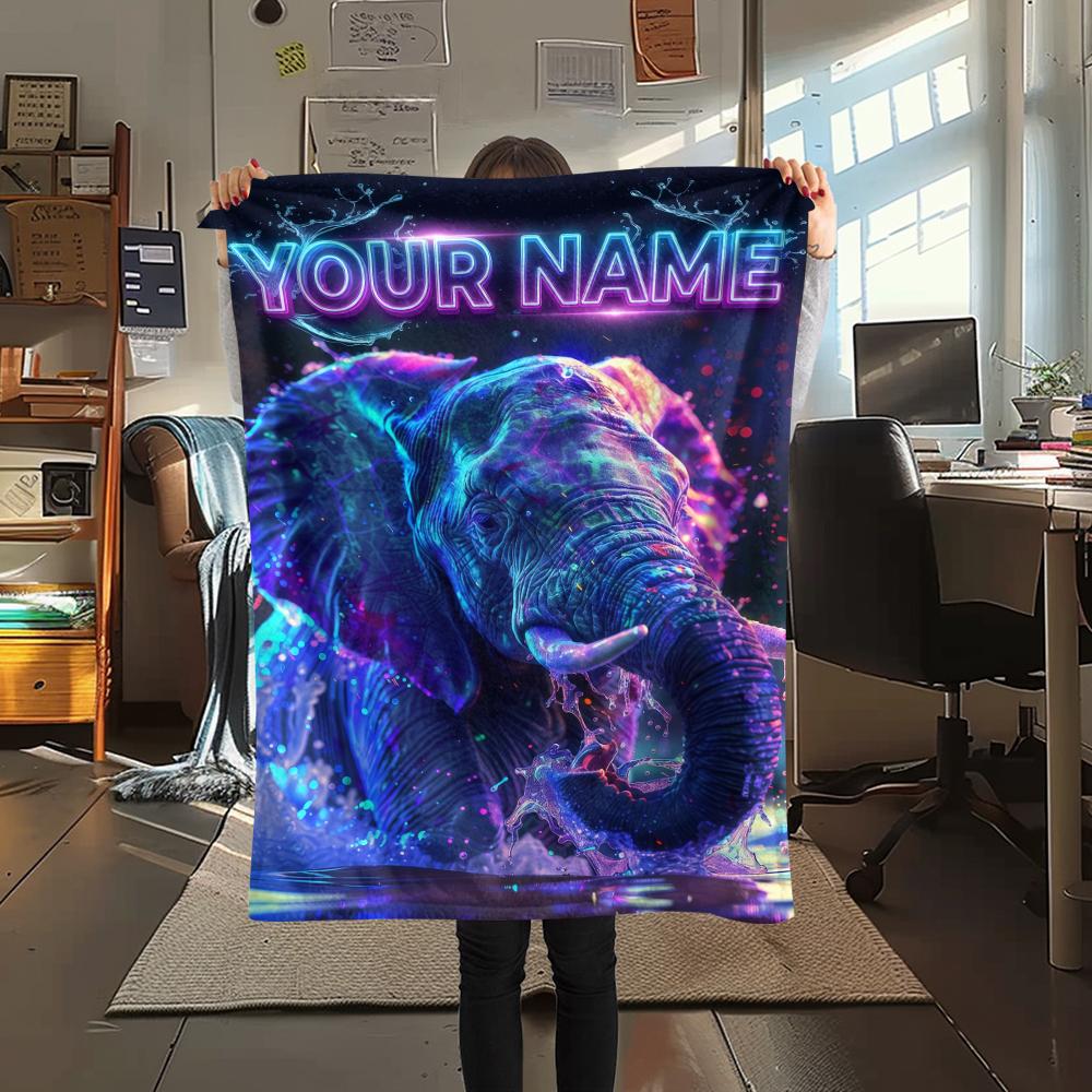1PC Custom Name Neon Elephant Splash Patterned Flannel Blanket Suitable For All Seasons for Home Decor Warmth and Comfort Gifts Holiday Present_lx