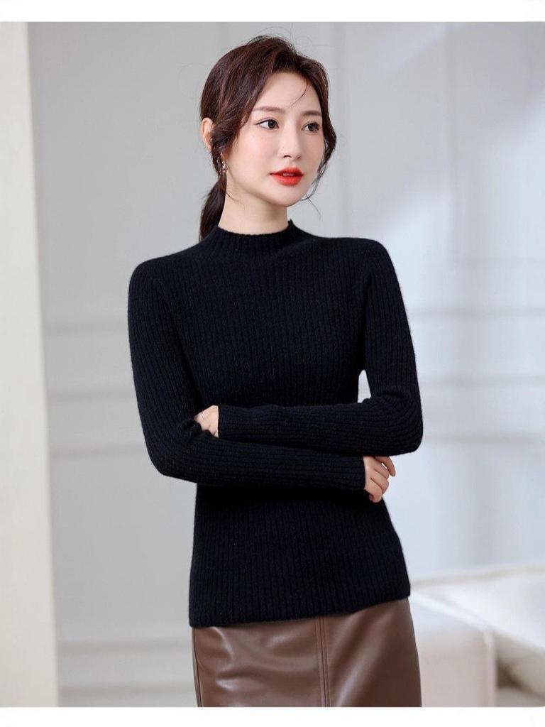 2025 Cashmere Semi-High Neck Black Sweater: Solid Color Knitted Base Layer
