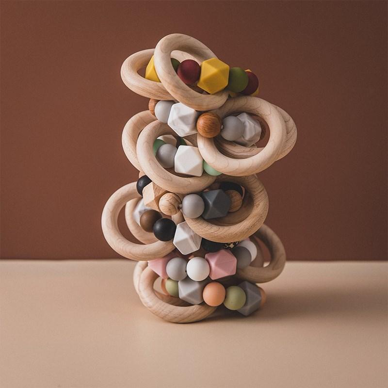 Baby Toys 1Pc Wooden Rattle Ring Teething Nursing Bracelets Bpa Free Silicone Bead Music Rattle Hanger Newborn Educational Toys