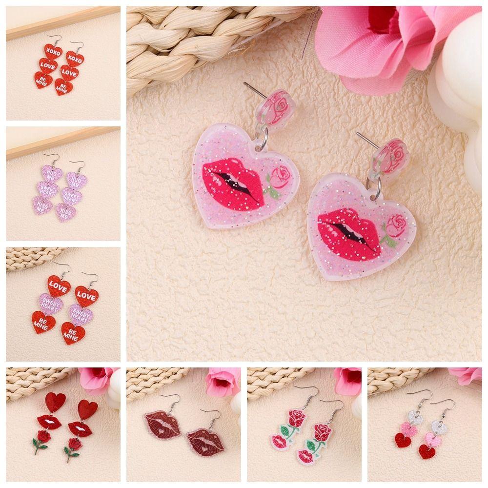 Pink Love Earrings Acrylic Lips Dangle Earrings Jewelry Accessories Valentine's Day Earrings  Lady