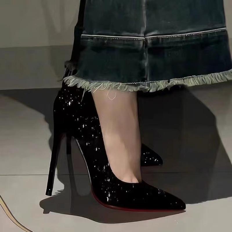 Black High-heeled Shoes Women's Fine-tipped 2026 Spring-autumn New-style Sequins Crystal Wedding Shoes Pointed-toe Sexy Shoe