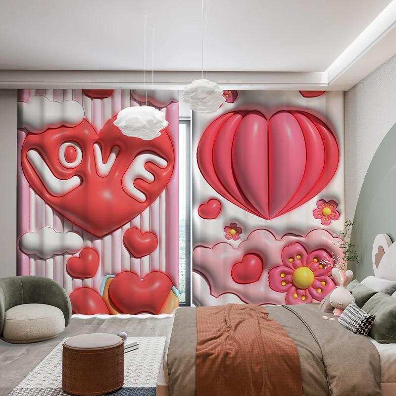 Custom Modern Simple High Shading Curtain Cartoon Pink Love Tulip Ins 3D Children's Room Bedroom Bay Window Thick Blackout Drape