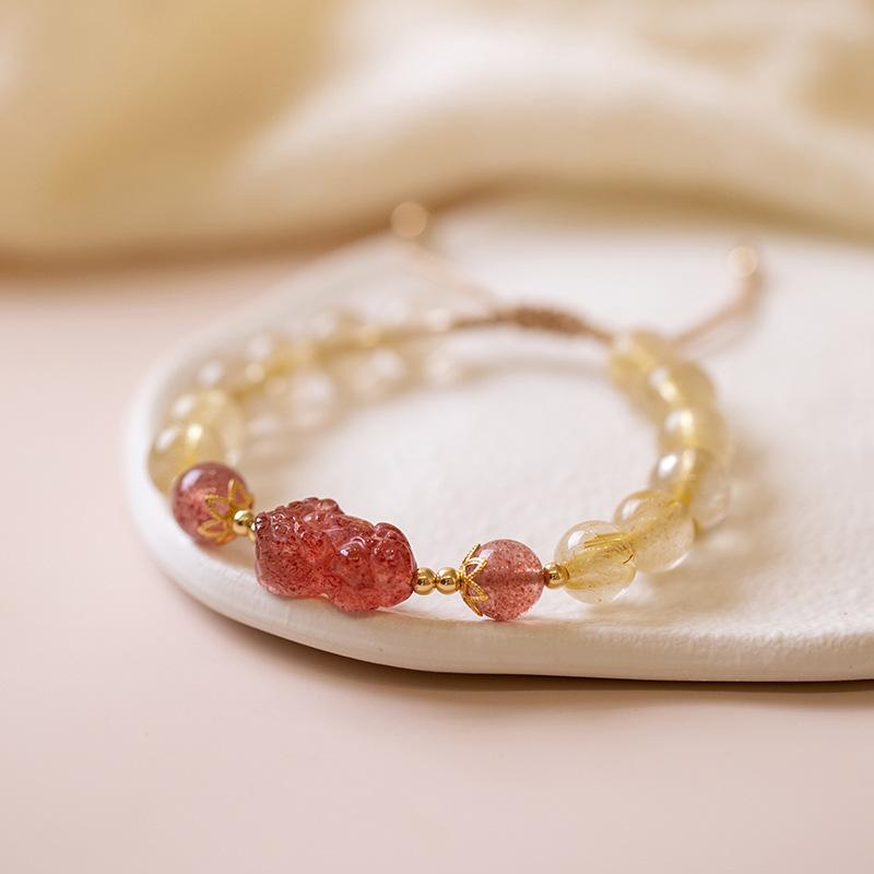 

Natural Pixiu Strawberry Quartz Crystal Bracelet for Women, Braided Pink Quartz, Yellow Quartz, Golden Rutilated Quartz Bracelet, Light Luxury Drawstring style