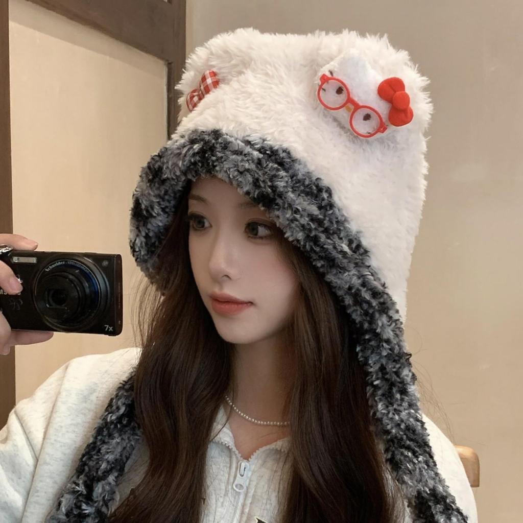Korean Style Sweet Kitten Plush Hat for Women - Cute 2025 Autumn/Winter Warm Beanie with Ear Protection Shows Slim Face