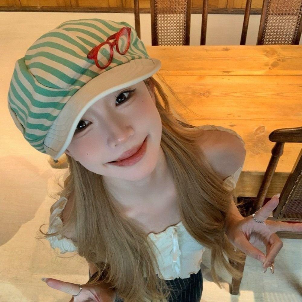 Korean Painter Berets Versatile Beanie Cap Vintage Striped Berets  Streetwear