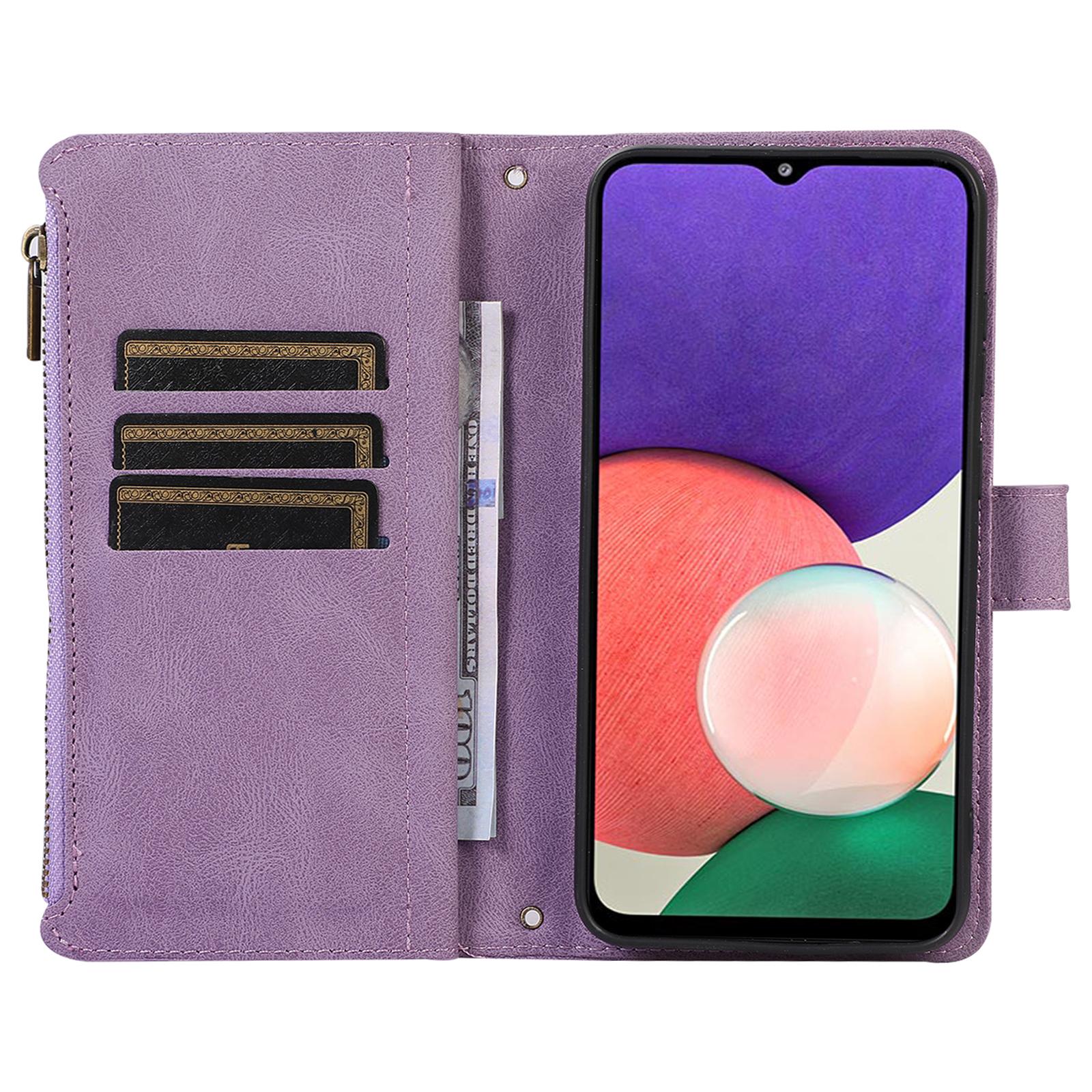 

Imprinted Leather Cover for Samsung Galaxy A22 5G (EU Version) Case Zipper Pocket Card Slots Phone Shell Purple