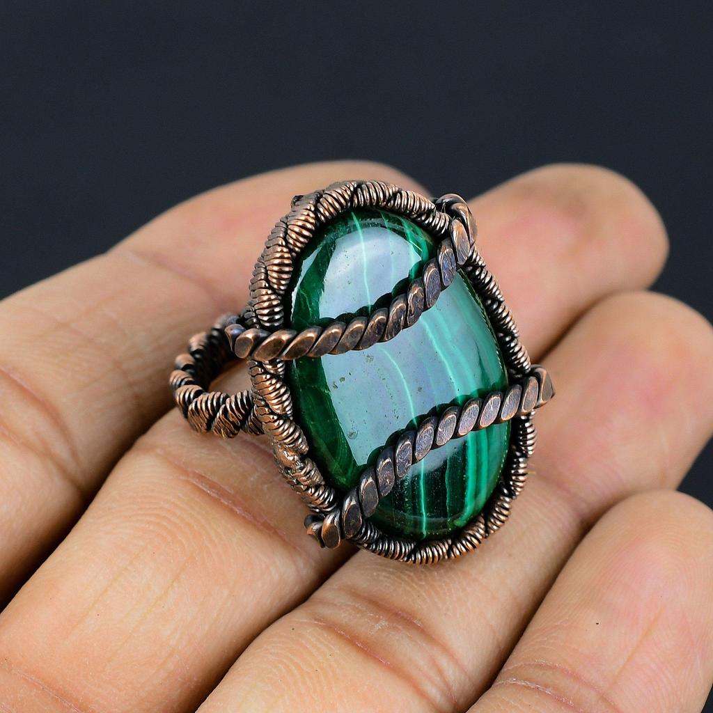 Malachit Edelstein Kupferdraht gewickelt handgefertigter Schmuckring als Geschenk