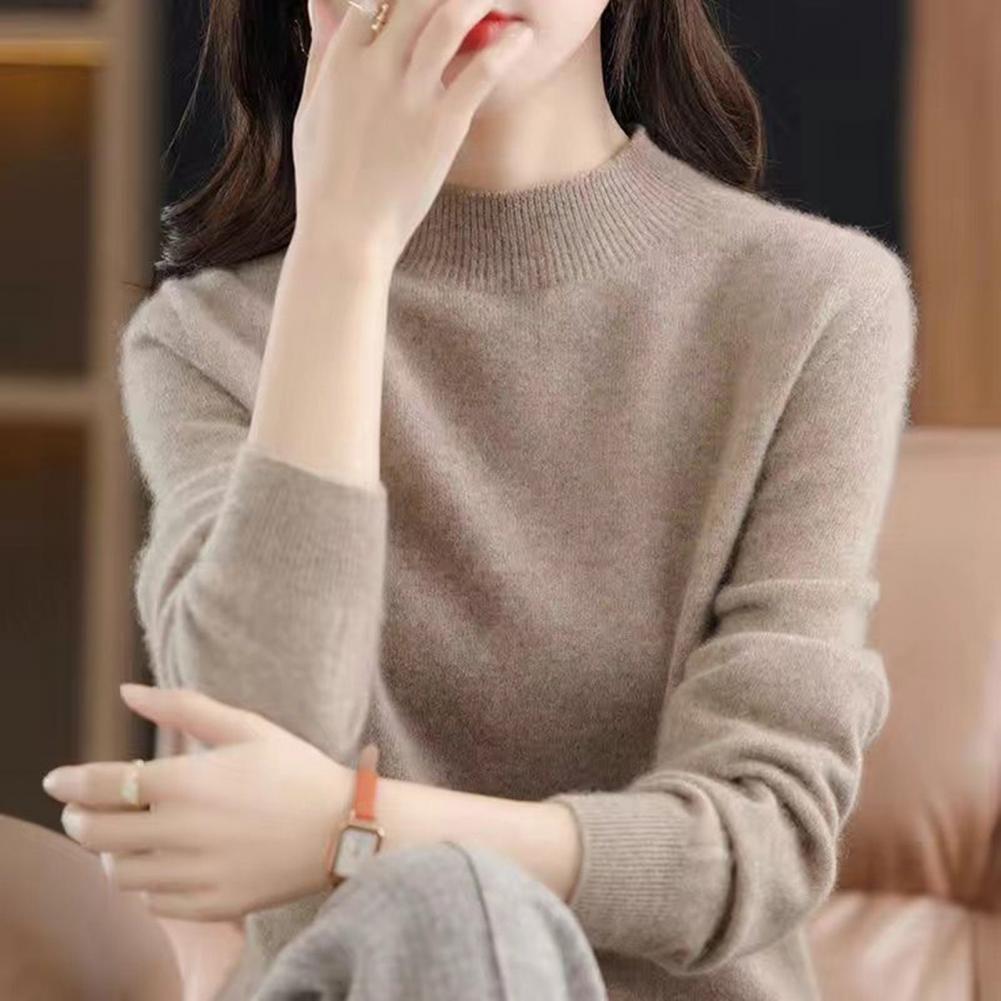 Women Viscose Knit Sweater Soft Stretchy Women's Sweater Long Sleeve Mid Collar Pullover Knit Top for Daily Wear Lightweight