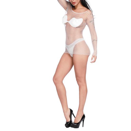 Women Sexy Bodystocking Hollow Out Transparent Grid Stretchable Slim Nightwear for Home