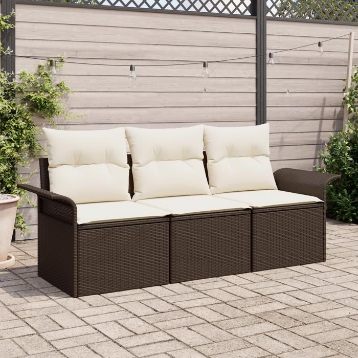 VidaXL Ensemble de canapé de jardin 3 pièces avec coussins marron poly rattan 3345218