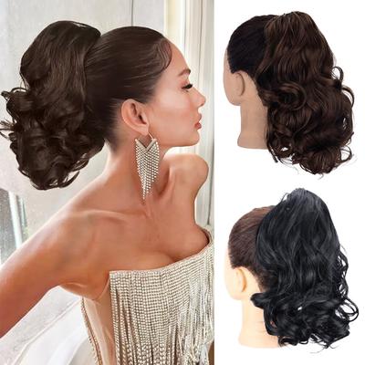 Synthetic Drawstring Ponytail Short Wavy Curly Ponytail Clip In Hair Extensions Natural Looking For Women Daily Use