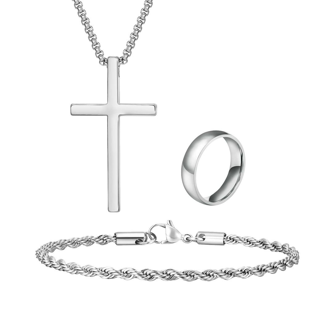 Vnox Men's Cross Pendant Necklace Classic Wedding Rings Rope Chain Bracelet Jewelry Set, Jewelry Set Gift for Dad Son Husband