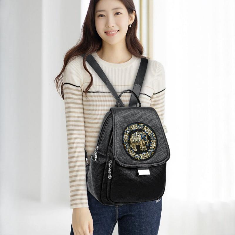 Fashion Personality Elephant Hot Stamping Women's Backpack Ethnic Style Versatile Anti-theft Handbag Trendy Rivet Outdoor Travel Shopping Shoulder Bag