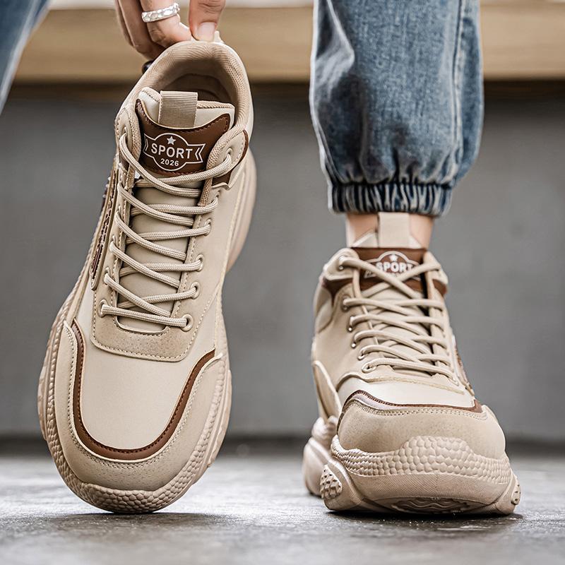 Men's Solid Color Flat Heel Anti Slip Protection Thick Sole Height Increasing Stable Grip Hiking Boots Retro High Top Sports