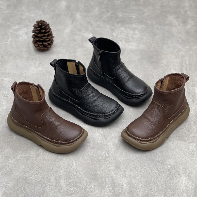 Johnature Ekte skinn Ankelstøvletter med myk såle Retro Rund tå Glidelås på siden Kvinners Flate Korte Støvletter