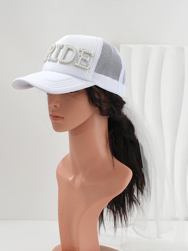 Unisex Casual Hat with Pearl Letters, Mesh & Bridal Veil for a Chic Engagement Party