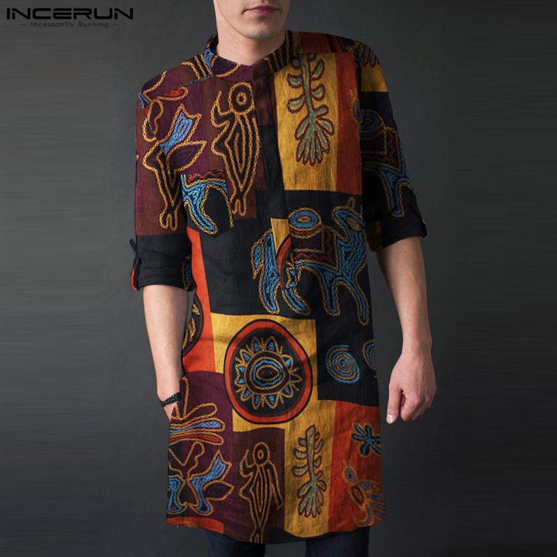 

INCERUN 100% хлопок мужские повседневные рубашки с длинными рукавами и принтом