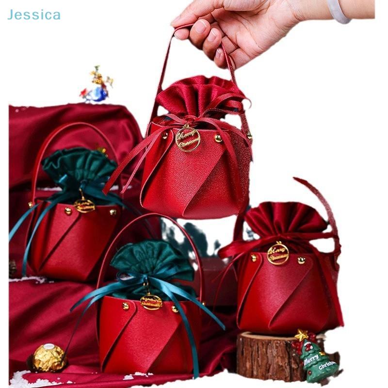 Red Leatherette Gift Bag with Gold Ornaments,Festive Gift Containers for Holiday Candies & Small Presents