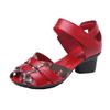Sommer Fischmaul Damen Sandalen Retro Ethnischer Stil Dicke Absätze Mama Schuhe Weichsohlige Einzelne Schuhe Rindsleder Atmungsaktiv Hohle Schuhe