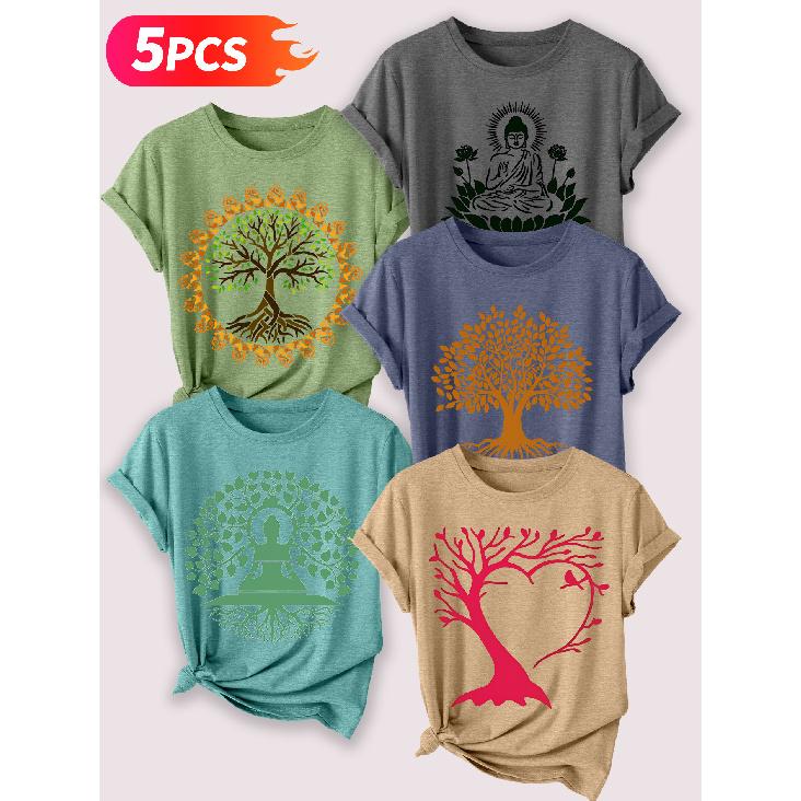 Zen-inspirierter Baum des Lebens Lotus Meditation Künstlerischer Druck Fünfteiliges Set von kurzärmeligen Damenoberteilen Elegante Sommerparty-Outfits Wesentliche Mode