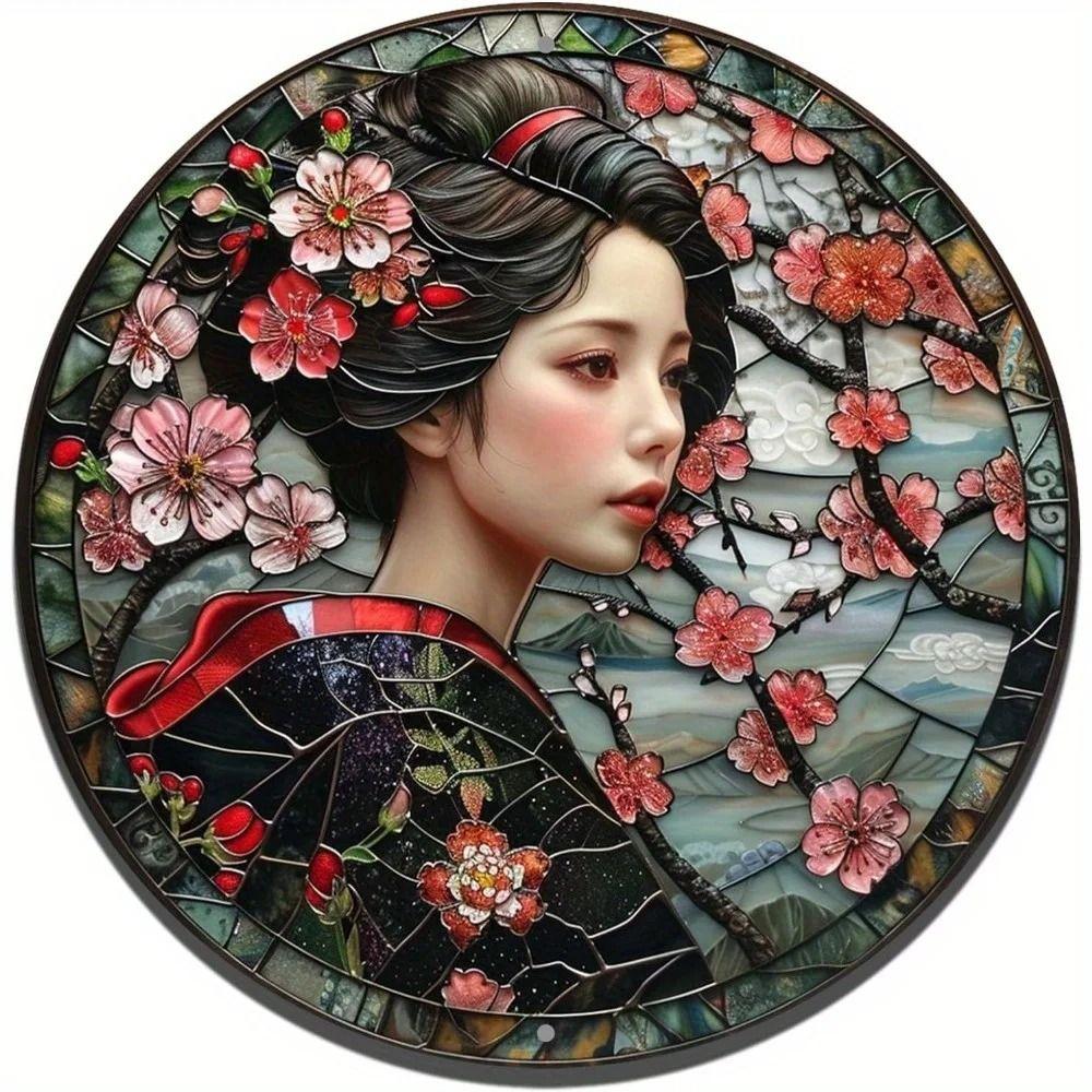 Metal Wall Art Tin Sign Japanese Kimono Round 2D Art Design 20cm