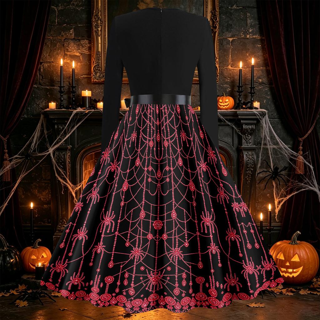 Women's Vintage Flare Dress Long Sleeve V-Neck with Halloween Print for Party and Daily Wear