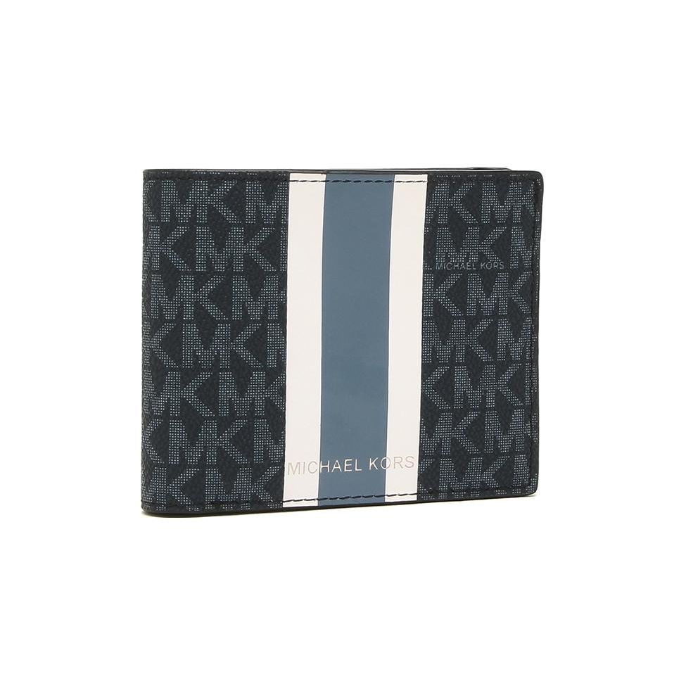 Michael Kors Logo Stripe Double Fold Coated Canvas Wallet Men Wallet Blue 36H1LGFF1B-ADMIRAL