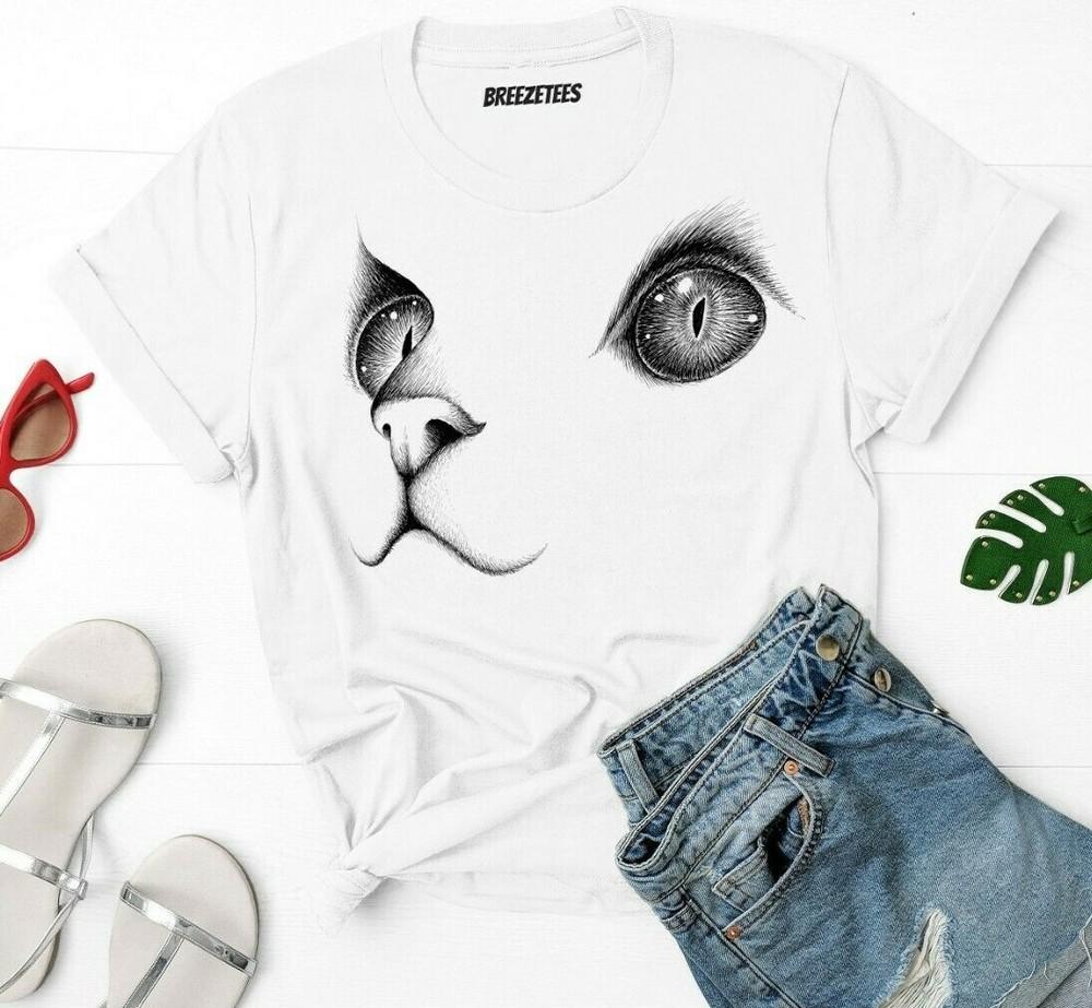 

Женская Мода Летняя Повседневная Футболка с Кошкой Милая Кошка Лицо Графическая Новинка Юмористическая Футболка M