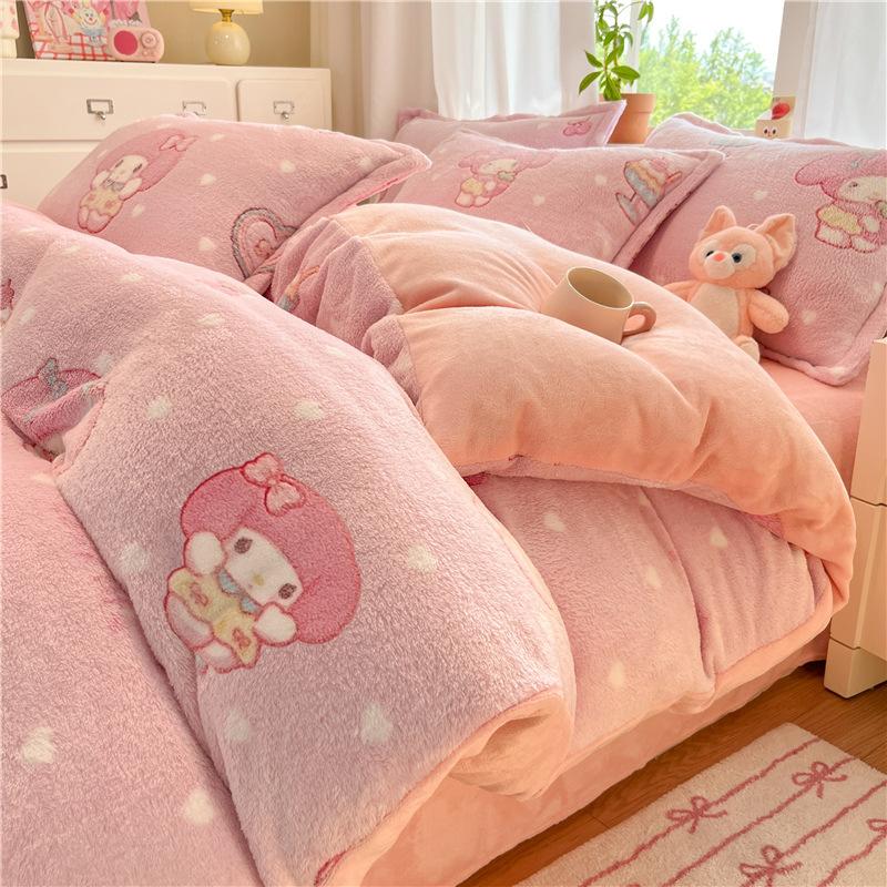 Snowflake Fleece Four-Piece Set, Thickened Milk Coral Fleece Quilt Cover, Double-Sided Fleece Quilt Cover, Bed Sheet, Bed Hat Three-Piece Set