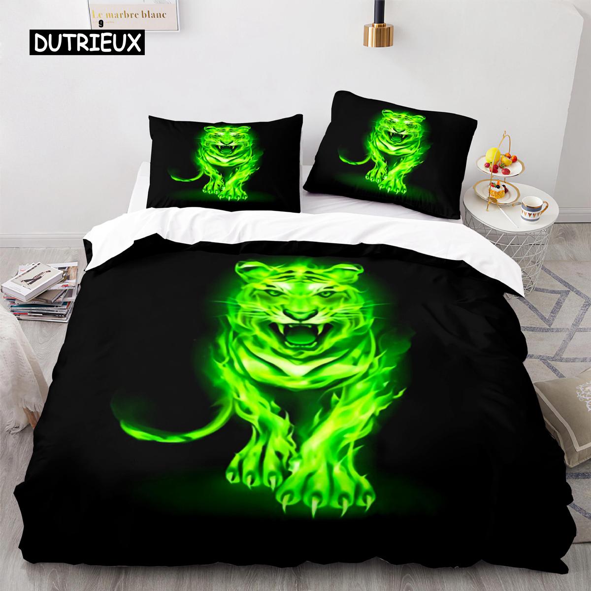 

Пододеяльник с изображением тигра пламени 3D, крутой красочный комплект постельного белья для детей и девочек, мягкий пододеяльник из микрофибры с застежкой-молнией EU single(135x200cm)