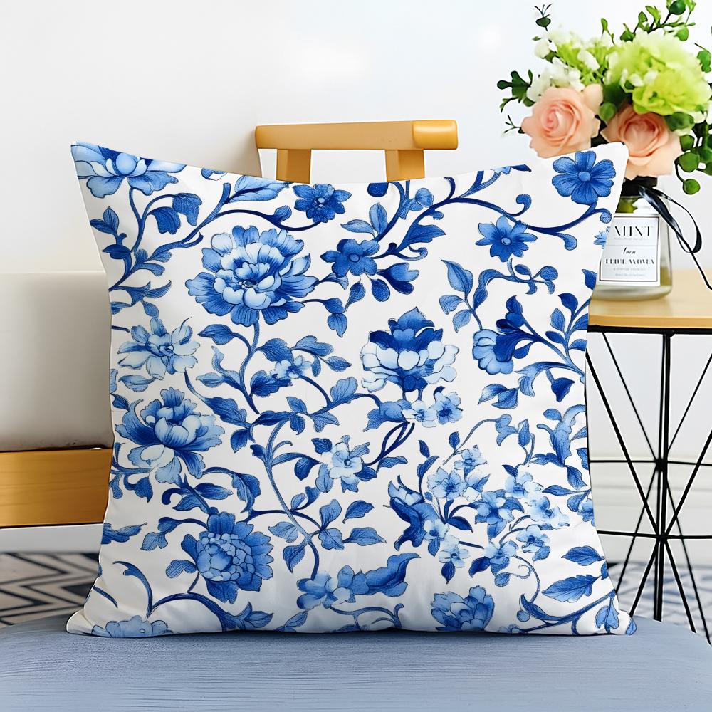 Blue and White Porcelain Cushion Cover Washable Linen Pillowcase Soft for Sofa Bed Cozy Home Room Decor