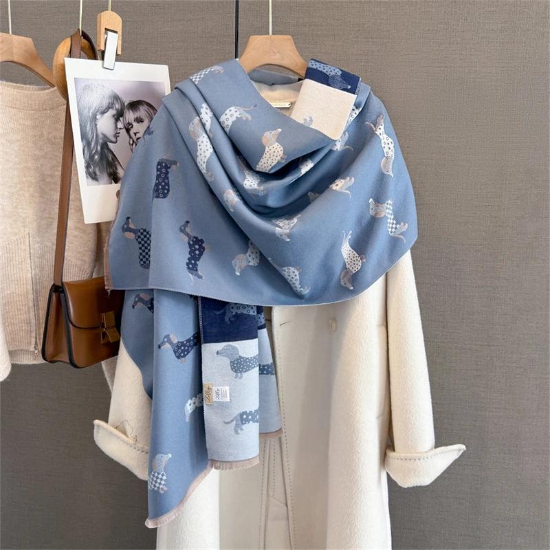 Winter Female Scarf Cashmere Shawls Wraps Women Dog Print Long Hijab Stoles Pashmina Bufanda Tassel Autumn Lady Headband