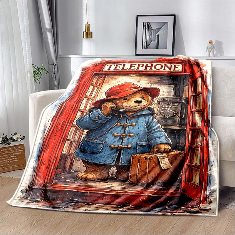 Paddington Bear Red Telephone Booth Flannel Throw Blanket Soft Warm Sofa Bed Cover Vintage Cartoon Bear Nap Blanket Gift For Kids Fans 80cm x 120cm