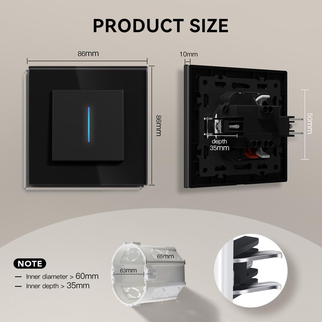 BSEED 1/2Gang Wall Light Switch Mechanical Double Button Switch 1Way With LED EU Sockets USB 20W Type-c Power Ports Glass Panels